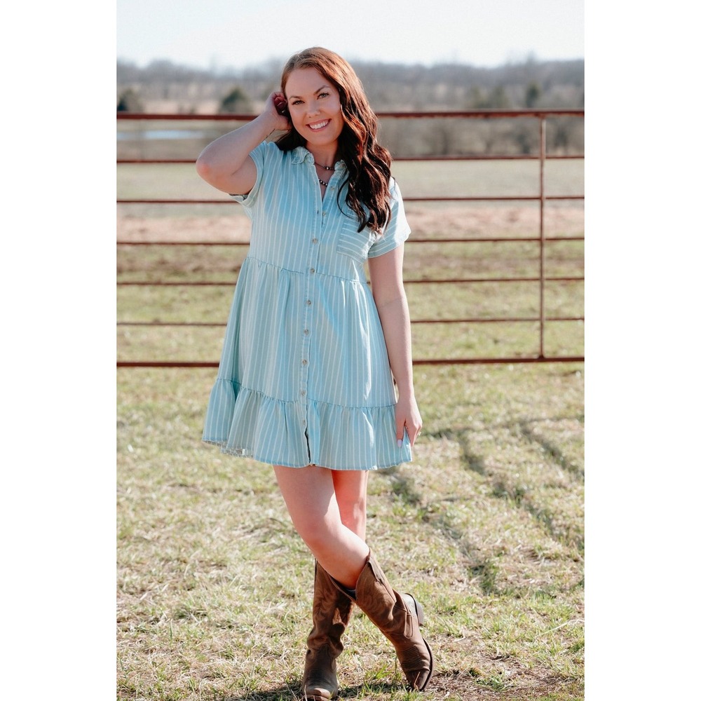 Blu Pepper Blue White Striped Button Down Babydoll Dress Coastal Cowgirl L